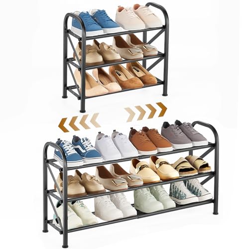 3-Tier Expandable Shoe Rack for Closet，Adjustable Shoe Rack，Black Metal Free Standing Shoe Rack for Entryway Closet Doorway