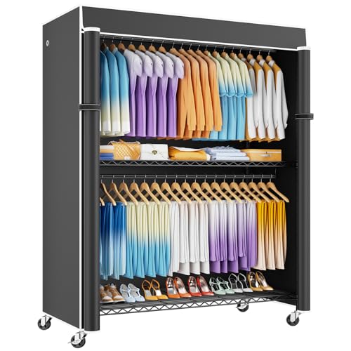 P8C Max Heavy Duty Clothes Rack（With Extended Width Design） Rolling Clothing Racks for Hanging Clothes with Lockable Wheels，51.2"W x 15.8"D x 80.5"H，Load 800LBS，Black Rack with Black Cover