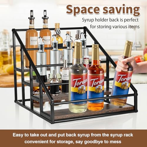 4-Tier Coffee Syrup Organizer, 16-Bottle Rack, Rustic Brown | Holds up to 16 bottles with stepped visibility; rustic wood and metal design for syrups, kitchens, and home coffee bars.