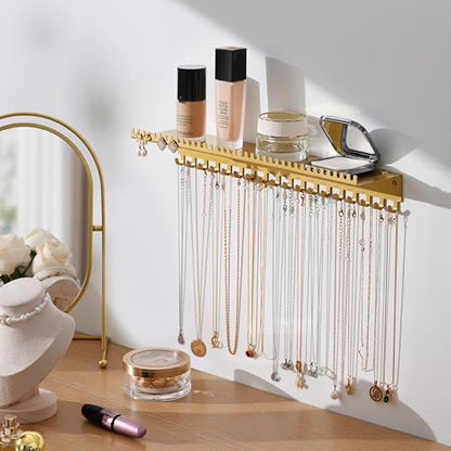Necklace Holder Wall Hanging Organizer: Wall Mounted Jewelry Shelf with 56 Hooks and Tray, Display Hanger for Kids, Girls and Women, Gold & Metal