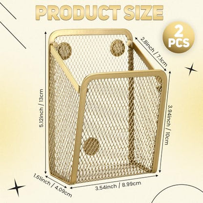 2 Pcs Large Magnetic Pencil Holder Mesh Stainless Steel Pen Basket Magnetic Pen Cups Storage Organizer for Fridge Whiteboard Blackboard Kitchen Refrigerator Locker Home Office School(Gold)