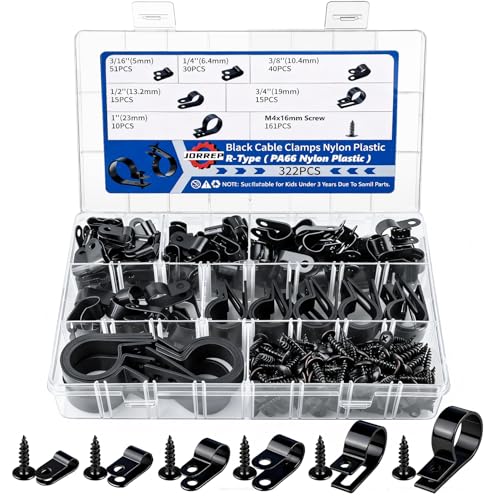 322PCS R-Type Cable Clips, 3/16 to 1 in, 6 Sizes f... (Black | Nylon)