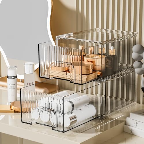 ZHIAI 2 Pack Clear Stackable Cosmetic Organizer, Acrylic Drawer, Plastic Organizer for Dresser, Vanity, Kitchen Cabinet, Pantry, Home Organization and Storage