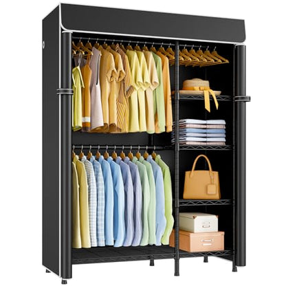 F2C Clothes Rack with Cover, Black Clothing Racks Heavy Duty | Garment Rack with Shelves for Hanging Clothes, Metal Portable Closet System, 47.2"W x 16.5"D x 78.3"H, Load 630lbs
