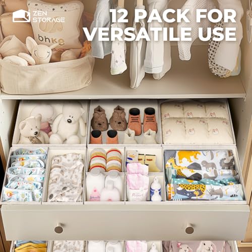ZenStortage Cotton Linen Baby Drawer Organizers for Nursery, 12Pack Beige | Natural Cotton Linen Fabric, 3 Sizes for Flexible Combinations, Skin-Friendly Material, Foldable Zipper Design