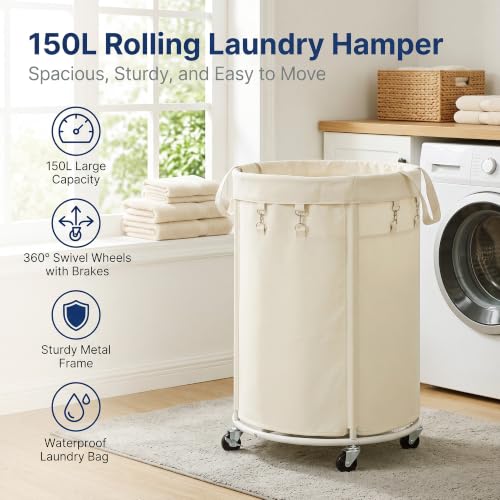 150L Large Capacity Rolling Laundry Basket Hamper with Wheels, Clothes hamper and Removable Bag for Home, Laundry Room, Bedroom, Bathroom, Apartment, Dorm