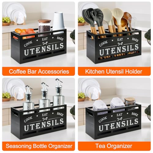 Large Black Wood Utensil Holder for Kitchen Decor Spoon Spatula Organizer | Wooden Cooking Utensils Holder for Kitchen Countertop Silverware Caddy Farmhouse Utensil Crock Big Kitchen Tools Spoon Holder