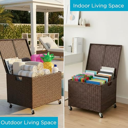 BIRDROCK HOME Rattan Rolling Storage Box with Lid and Wheels – Decorative Outdoor Deck Box for Patio, Balcony, Poolside – Woven File Organizer for Letter or Legal Files, Blankets or Towels (Espresso)