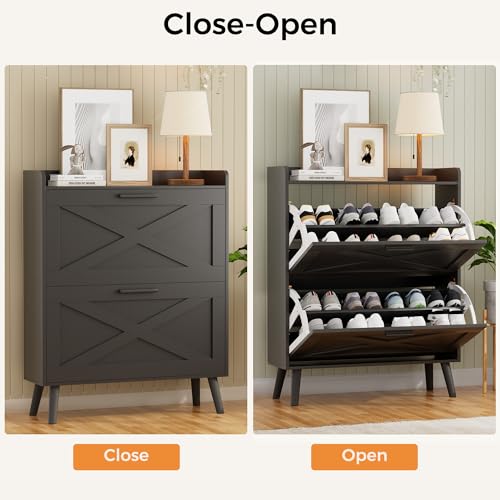 Farmhouse Shoe Storage Cabinet with Flip Drawers & Barn Door Design | Slim Narrow Shoe Rack Cabinet with Adjustable Shelves & Hidden Storage for Entryway, Foyer, Hallway, Living Room, Black