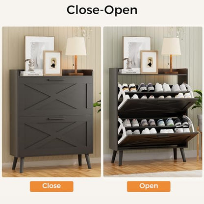 Farmhouse Shoe Storage Cabinet with Flip Drawers & Barn Door Design | Slim Narrow Shoe Rack Cabinet with Adjustable Shelves & Hidden Storage for Entryway, Foyer, Hallway, Living Room, Black