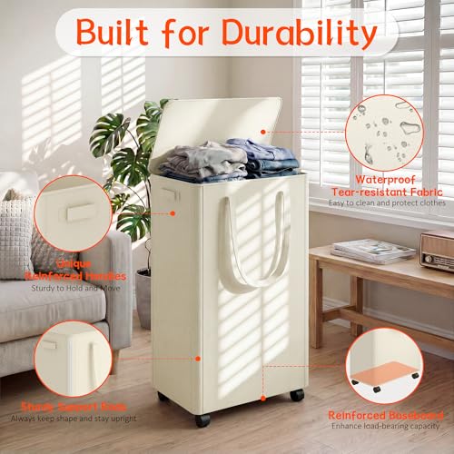 Slim Laundry Hamper with Wheels,20 Gal (75L) Rolling Laundry Basket with lid and wheels Clothes Hamper Foldable Tall Dirty Clothes Basket Sturdy Collapsible Clothes Hamper for Dorm,Laundry Room