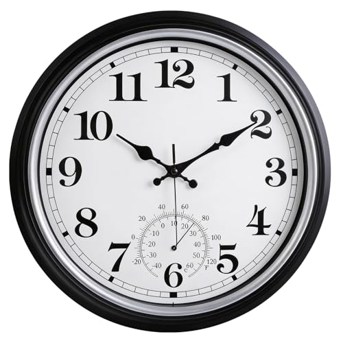 16 Inch Large Outdoor Clock Retro Waterproof Clock Non-Ticking, Black | Indoor/Outdoor Wall Clock with Thermometer, Battery Operated for Pool, Patio, Garden