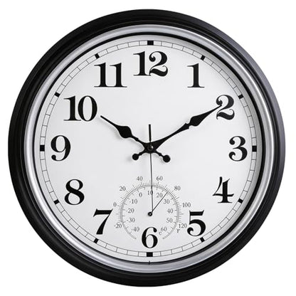 16 Inch Large Outdoor Clock Retro Waterproof Clock Non-Ticking, Black | Indoor/Outdoor Wall Clock with Thermometer, Battery Operated for Pool, Patio, Garden