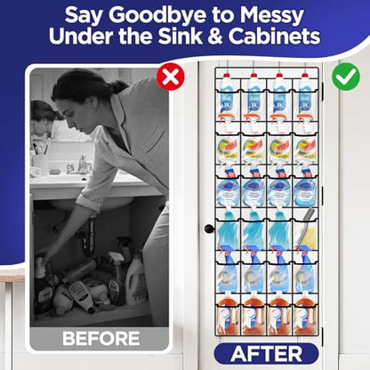Clear Cleaning Supplies Organizer,Cleaning Products 24 Pockets Large Capacity Over The Door All-Purpose Cleaner Holder for Laundry Bathroom Auto Glass Cleaner Organizer for Garage,Spray Bottle Holder
