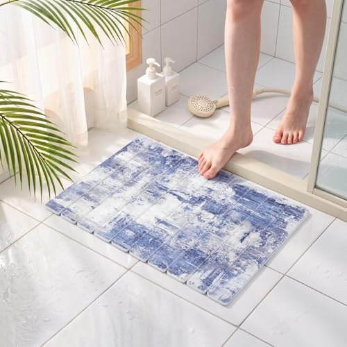 Findosom Large Stone Dish Drying Mat for Kitchen Counter, 23.6" × 15.3" Foldable Non-Slip Stone Drying Mat with Abstract Pattern, Heat Resistant Diatomaceous Earth Mat for Bath, Dishes, Cups, Blue