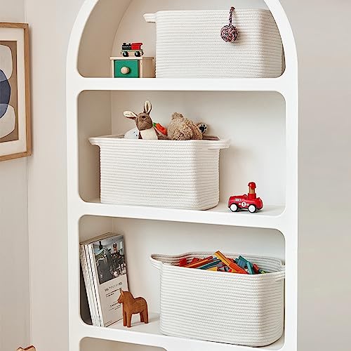R RUNKA Cotton Rope Basket Set of 3 (15"x10.2"x9.1") - Rectangle Storage Bins - Versatile Toy Storage Organizer - Perfect for Kids, Dog Toys, Books, Shelves - White