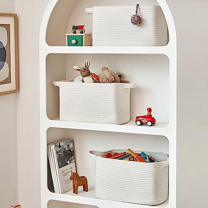 R RUNKA Cotton Rope Basket Set of 3 (15"x10.2"x9.1") - Rectangle Storage Bins - Versatile Toy Storage Organizer - Perfect for Kids, Dog Toys, Books, Shelves - White