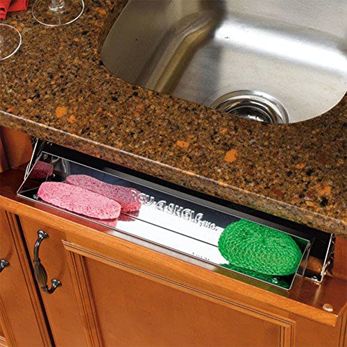 Rev-A-Shelf 31" Slim Tip-Out Sink Tray for Kitchen and Bathroom Base Cabinets, Stainless Steel Sponge Holder, Min Opening Width of 33.25", Silver, 6541-31-52