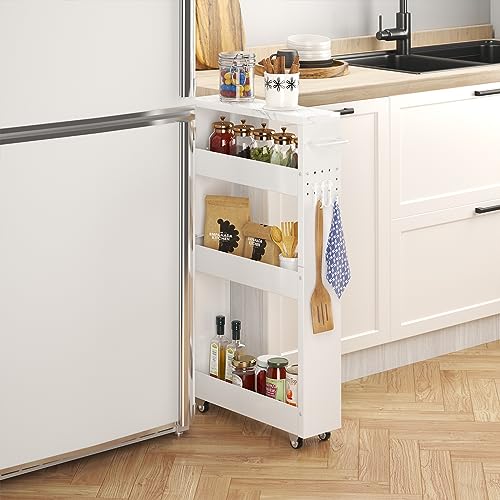 XYZLVSI Slim Storage Cart, 4 Tier Narrow Kitchen Rolling Cart with Wheels | 5.1" W narrow shelf for small spaces, 13" bottom metal utility cart with handle for bathroom/laundry, skinny storage cart