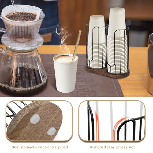 2-Compartment 18oz Coffee Cup Dispenser Rack with Wood Base, Disposable Cup, and Lid Organizer for Countertop - Perfect for Paper Cups, and Lid Organizer