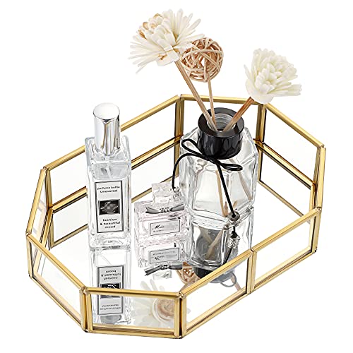 Hipiwe Mirror Glass Vanity Tray - Gold Ornate Makeup Organizer Perfume Tray | Vintage Octagonal Dresser Trays for Jewelry Trinket Organizer, Bathroom Storage Trays for Home Decor
