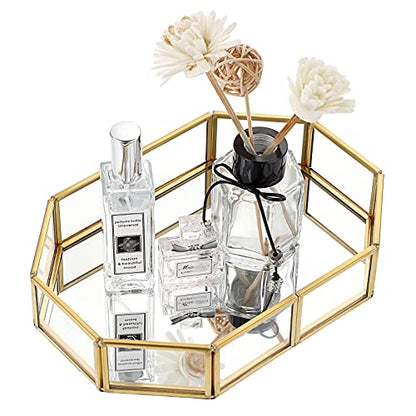 Hipiwe Mirror Glass Vanity Tray - Gold Ornate Makeup Organizer Perfume Tray | Vintage Octagonal Dresser Trays for Jewelry Trinket Organizer, Bathroom Storage Trays for Home Decor