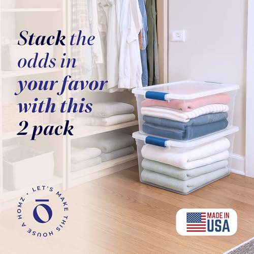 HOMZ Clear Plastic Storage Bins w/Latching Lid, 66 Qt, Blue Latch, 2 Pack | Large Stackable Container Boxes for Homes, Bathrooms, Garages, and Office Organization