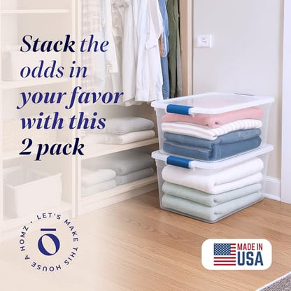 HOMZ Clear Plastic Storage Bins w/Latching Lid, 66 Qt, Blue Latch, 2 Pack | Large Stackable Container Boxes for Homes, Bathrooms, Garages, and Office Organization