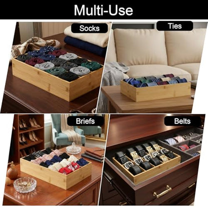 Bamboo Belt Organizer for Closet, Tie Storage Organizer Bins with Detachable Divider Drawer Organizer, Closet Organizers Storage Box for Socks, Bras, Briefs, Ties, Belts,Natural