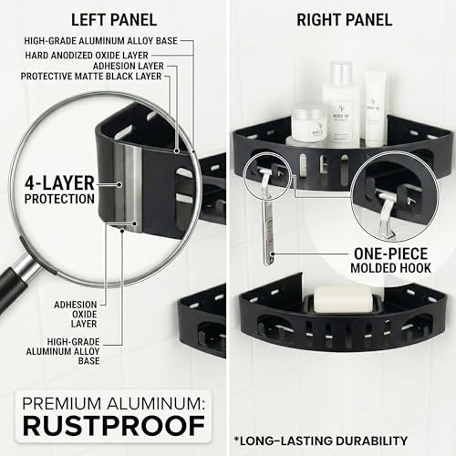Adhesive Corner Shower Caddy with Hooks,No Drill Aluminum Shower Shelf 2PCS | Rustproof aluminum corner shower shelf with hooks,providing organized storage for shampoo,soap,razors and bathroom essentials
