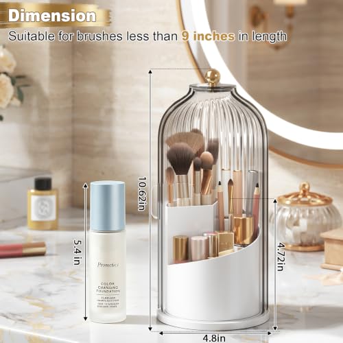 Covered Makeup Brush Holder with Sliding Lid, 360° Rotating Makeup Organizer Countertop for Vanity, Bathroom, Make up/Nail Brushes Storage, Dustproof Toothbrush Holders with Cover for Bathrooms, White