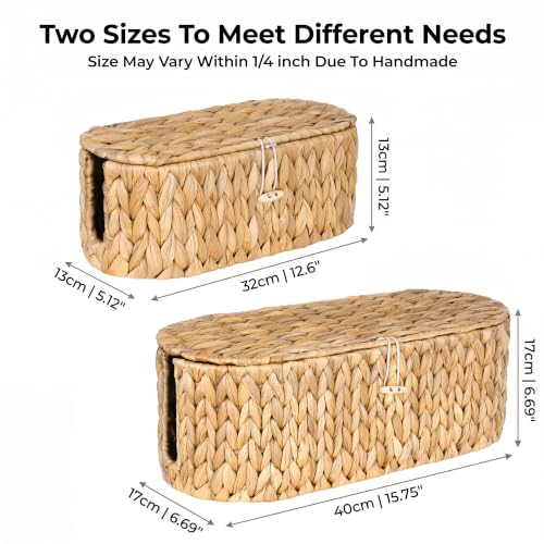 Set of 2 Cable Management Box, Handwoven Cord Hider Box with 3 Open Slots | Cable Organizer Box with Lockable Lid, Cord Storage Box to Hide Power Strip, Router, USB Hub, TV Wires for Home, Office