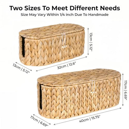 Set of 2 Cable Management Box, Handwoven Cord Hider Box with 3 Open Slots | Cable Organizer Box with Lockable Lid, Cord Storage Box to Hide Power Strip, Router, USB Hub, TV Wires for Home, Office