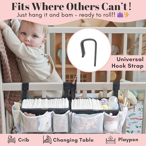 2-Pack Hanging Diaper Organizer for Crib, Playpen, Bassinet & Pack n Play | Hold 50+ Diapers. Changing Table Baby Diaper Caddy. Universal Hook Straps. Washable Newborn Essentials Organizer