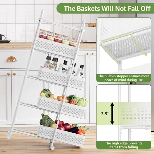 KINGRACK 5 Tier Slim Rolling Cart with Drawer, Metal Utility Storage Cart | 4 Pull-out Baskets, Lockable Wheels, Narrow Space Trolley Organizer for Bathroom, Kitchen, Office, Dorm, Laundry Room, White
