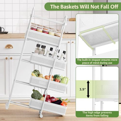 KINGRACK 5 Tier Slim Rolling Cart with Drawer, Metal Utility Storage Cart | 4 Pull-out Baskets, Lockable Wheels, Narrow Space Trolley Organizer for Bathroom, Kitchen, Office, Dorm, Laundry Room, White