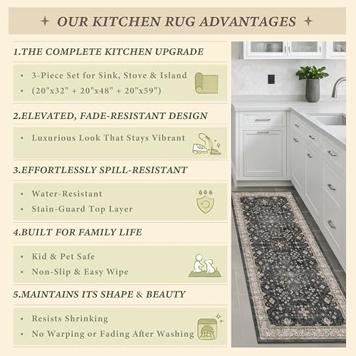 Black Boho Kitchen Rugs Set of 3, Non-Slip Machine Washable Kitchen Floor Mats, Low-Pile Runner Rug for Sink, Entryway, Bathroom, Laundry Room, Bedroom, Vintage Farmhouse Design