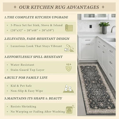 Black Boho Kitchen Rugs Set of 3, Non-Slip Machine Washable Kitchen Floor Mats, Low-Pile Runner Rug for Sink, Entryway, Bathroom, Laundry Room, Bedroom, Vintage Farmhouse Design