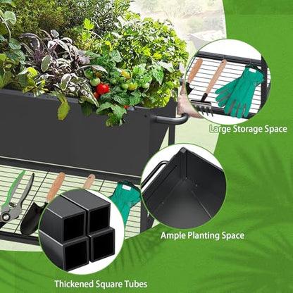 JWPEHOE 51＂Raised Garden Bed with Leg,Mobile Planter Box with Storage Shelf | Elevated Garden Box for Backyard, Balcony, Black, for Outdoor Plants