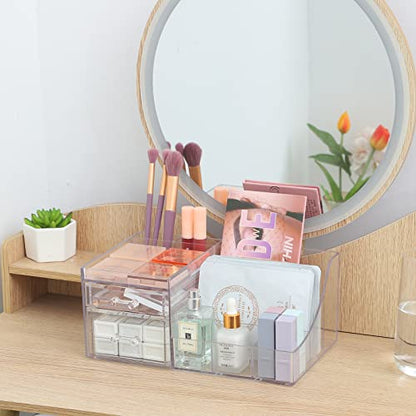 Cq acrylic 1 Pack Clear Skincare Organizer for Vanity,Stackable 2 Drawers Make Up Organizer,Cute Cosmetic Organizer for Vanity Jewelry,Hair Clip,Beauty,Skincare Product Dresser Acrylic Desk Organizer