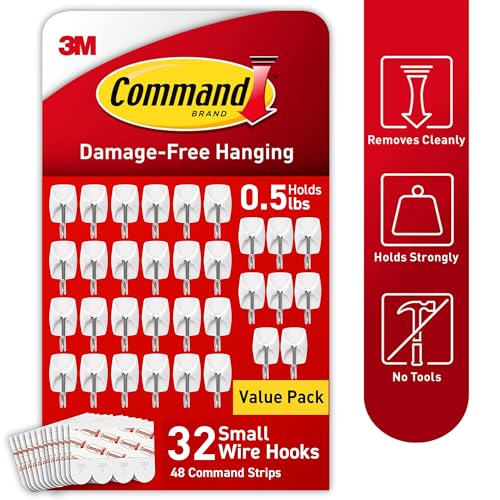 Command Small Wire Toggle Hooks, 32 Count, and 48 Strips, Damage Free Hanging Wall Hooks with Adhesive Strips, No Tools Required for Hanging, Organization and Storage, Holds up to 0.5 lb