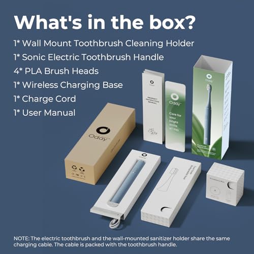 Oday Sonic Electric Toothbrush for Adults with Wall Mounted Toothbrush Sanitizer Holder and 4 Brush Heads, Smart Timer, Wireless Charging, IPX7 Waterproof, 1 Month+ Battery, Blue