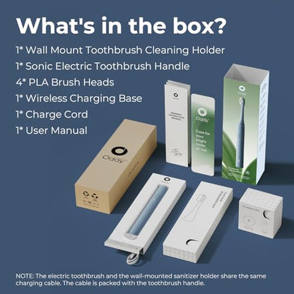 Oday Sonic Electric Toothbrush for Adults with Wall Mounted Toothbrush Sanitizer Holder and 4 Brush Heads, Smart Timer, Wireless Charging, IPX7 Waterproof, 1 Month+ Battery, Blue