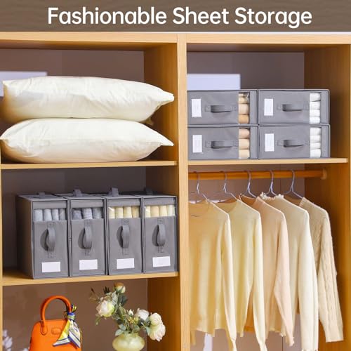 8 Pack Sheet Organizers and Storage, Bed Sheet Organizer with Window | Foldable Sheet Storage with Handle, linen closet organizers and storage, Queen & King Size, Sheet Set Organizer, Beige