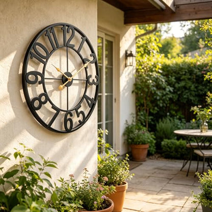 Outdoor Clock for Patio Waterproof, 14 Inch Large Outdoor Wall Clock Battery Operated, Silent Non-Ticking Metal Garden Clock for Pool, Porch, Backyard, Fence – Black Vintage Farmhouse Decor