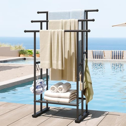 3 Tier Freestanding Towel Rack with Shelf, 40" H Towel Stand, Black | Metal Drying Rack for Oversized Bath Towels & Blankets, 4 Hooks, Indoor & Outdoor Use, Fits Bathroom, Tub, Shower, Poolside