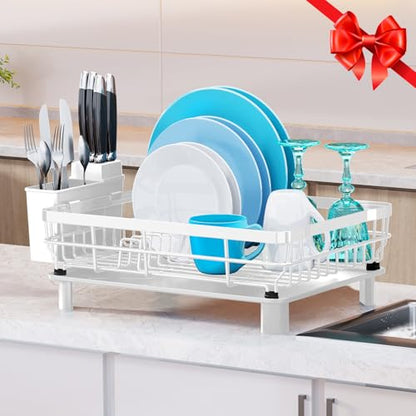 MOUKABAL Dish Drying Rack with Drainboard for Kitchen Counter, White | 13×17 Large Capacity/Rustproof Stainless Steel/Fast Drainage Dish Drainer/Removable Utensil Holder/Kitchen Counter Organizer