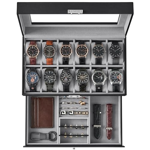 Watch Box, 12-Slot Watch Case Organizer with Large... (Black + Gray)