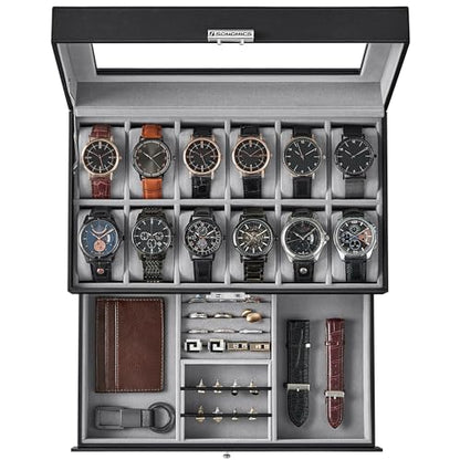 SONGMICS Watch Box, 12-Slot Watch Case Organizer with Large Glass Lid, 2 Layers, Removable Pillows, Metal Lock, Gift for Loved Ones, Black Synthetic Leather, Gray Lining UJWB012