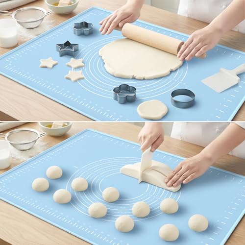 28x20 Silicone Rolling Mat Non-Stick Food Grade Baking Mat w/Measurements | Non-slip edges, heatproof silicone, nonstick, measuring guides, oven/dishwasher safe, tearproof, easy clean.